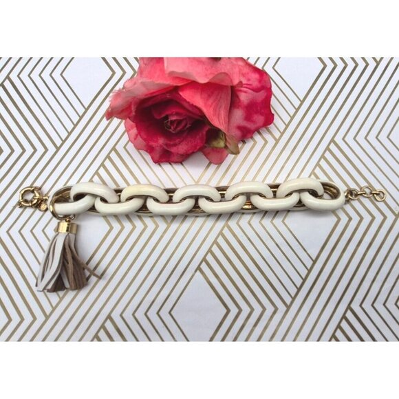 J Crew Chunky Gold Tone Cream Enamel Large Link Statement Bracelet 8" Tassel - Picture 8 of 9